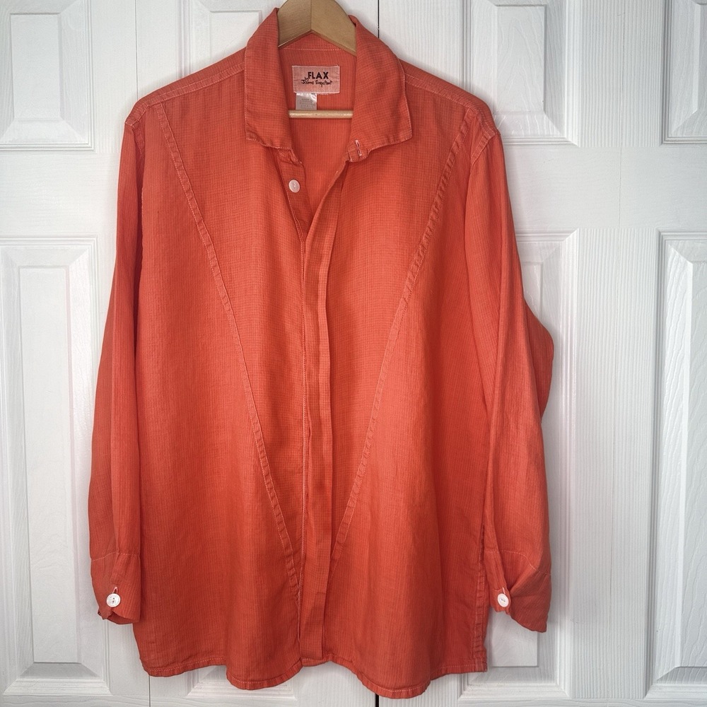 Vtg FLAX Jeanne Engelhart Linen Button Up Shirt Womens Small S Lagenlook Orange